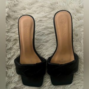 Black faux leather braided sandals kitten heel